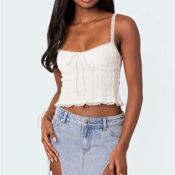 WORN ONCE! Edikted Elegant White Lace Trimmed Women's Top - Picture 1 of 2